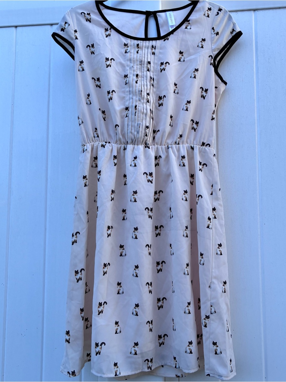 Xhilaration Dress Cream Cat-Print Midi Black Trim Retro Short Sleeve NWOT Sz S